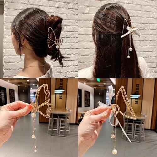 2021 New Elegant Claw Clips Temperament Grab Butterfly Metal Hairpin Back Tassel Shark Clip Women Hair Styling Tools Accessories