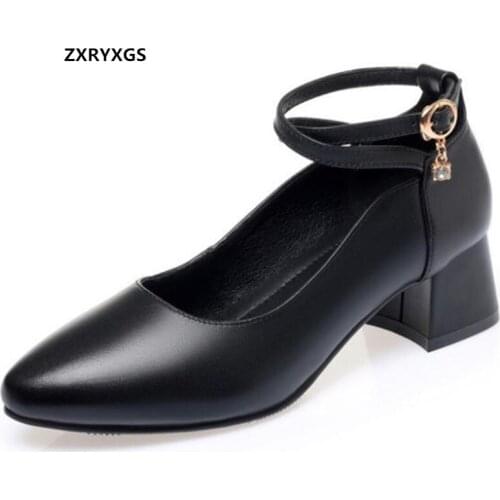 2021 New Fashion Spring Shoes Woman Pointed Shallow Mouth Rhinestone Genuine Leather Shoes Thick Heels Plus Size Tide Shoes