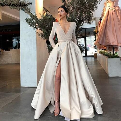 Vestido De Festa Beige Evening Dresses Long V-Neck Full Sleeves Satin A-Line Split Sexy Special Occasion Formal Evening Dress