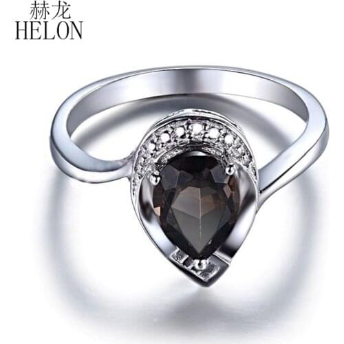 HELON Sterling Silver 925 Flawless Pear Cut 1.12CT Smokey Quartz & Diamond Engagement Wedding Women Fine Jewelry Gemstone Ring