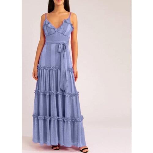 Womens dress 2021 summer new solid color sling wood ears and receiving waist tie slim long dress summer