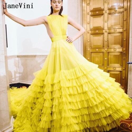 JaneVini 2020 Charming Dubai Design Yellow Dress Layered Ruffles Long Train Strapless Tulle A Line Women Plus Size Prom Dresses