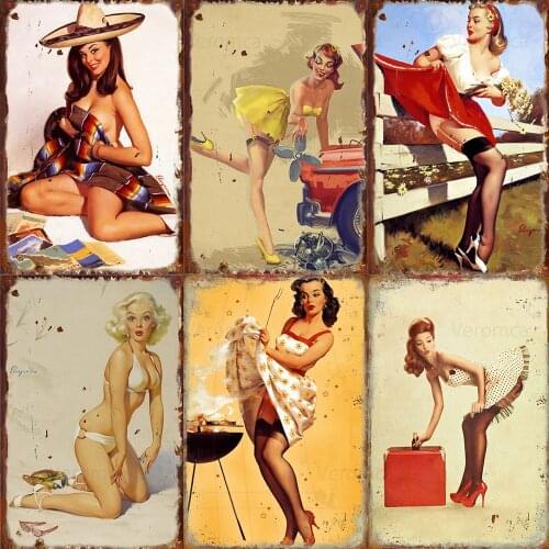 Vintage Sexy Woman Pin Up Girls Tin Sign Retro Metal Plaques Wall Art Craft Home Decoration Pub Cafe Club Painting Iron Plates
