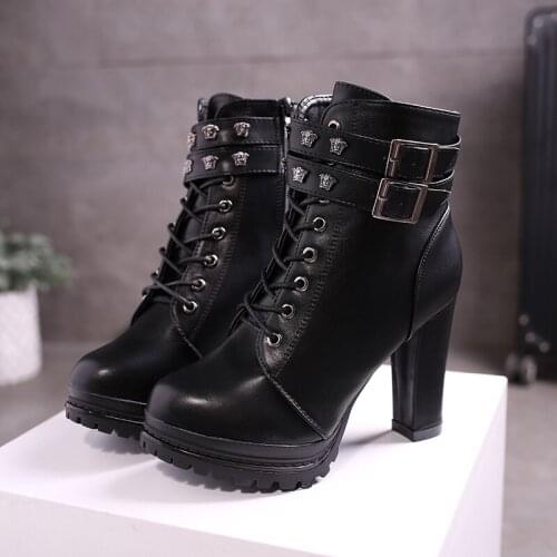 Winter New Boots Female High Heel Boots Fashion Belt Buckle Ankle Boots for Women Boots Thick with Square Heel Booties W21-86