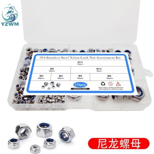 170pcs Stainless Steel 304 Nylon Lock Nut Locking Hexagon Self-locking Nut Combination Set Din985