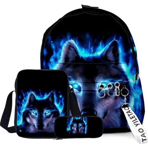 2021 3D Printed Wolf Backpack 3pcs Set Slash Zipper Backpack Hip hop Animal Backpack School Student Fashion Casual Laptop Bag