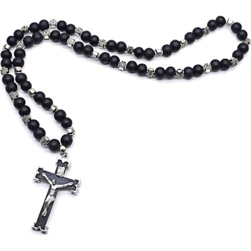 X7AB Rosary Necklace Jesus Christ Cross Pendant Necklaces Alloy Bead Long Chain Men Women Christian Fashion Jewelry