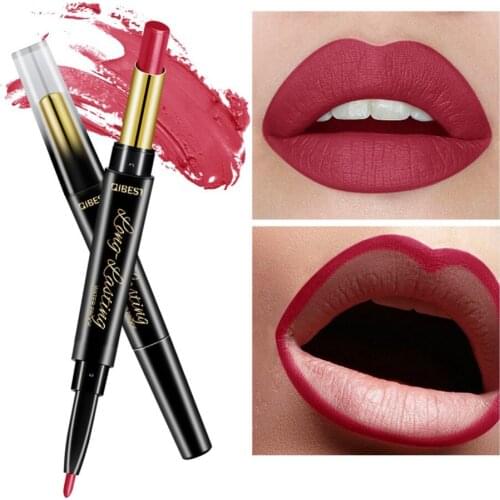 QIBEST Double Head Lipstick Lip Liner Pencils Waterproof Long Lasting Pigment Nude Dark Red Lipliner Pen Matte Makeup #288865