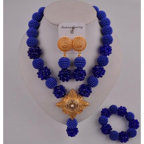 Elegant costume necklace nigerian wedding set royal blue african beads jewelry set FZZ103-07