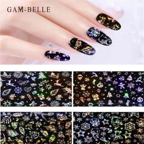 Gam-Belle 4Pcs Black Christmas Series Nail Transfer Sticker Xmas Men Tree Snowflake Pattern Glitter Decals Nails Decoration