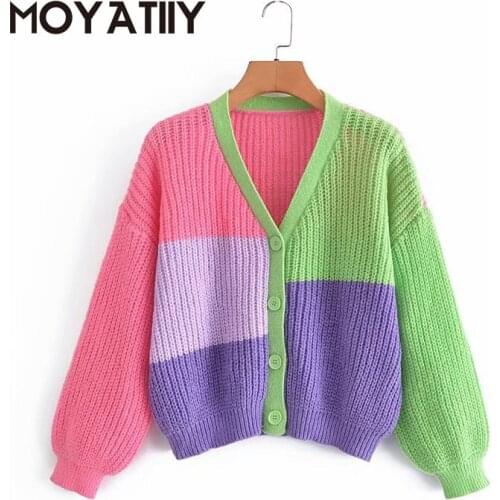 MOYATIIY Fashion Women Cardigan Autumn Winter Sweater Preppy Style Patchwork Print Knitted Cardigan Coat Outwear Oversized Tops