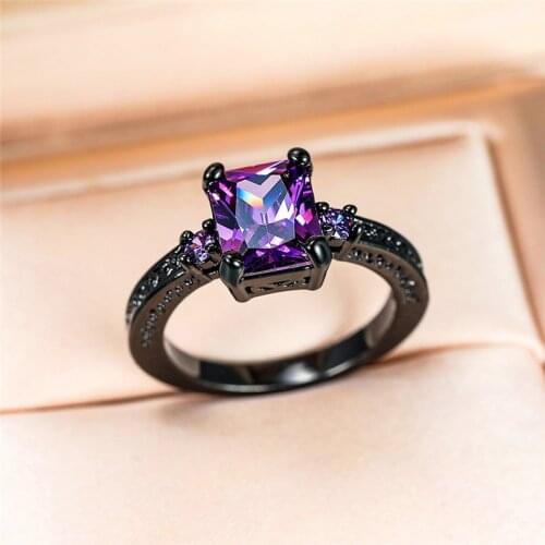Elegant Female Purple Square Stone Ring Vintage Black Gold Engagement Rings For Women Promise Love Wedding Band Ring