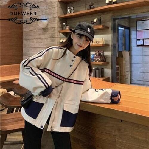 DUEWEER Jackets Windbreaker Women Striped Patchwork Harajuku Stand Collar Zipper Loose BF Fashionable All-match Outwear