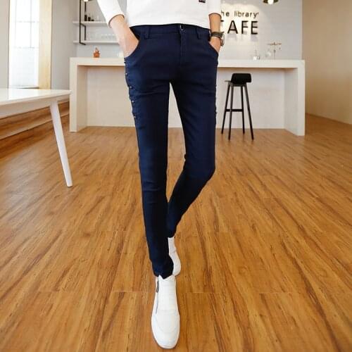 Spring Summer New 2021 Skinny Pants Men Clothing Simple Slim Fit Side Rivets Decor Casual Trousers Streetwear Black/White/Blue