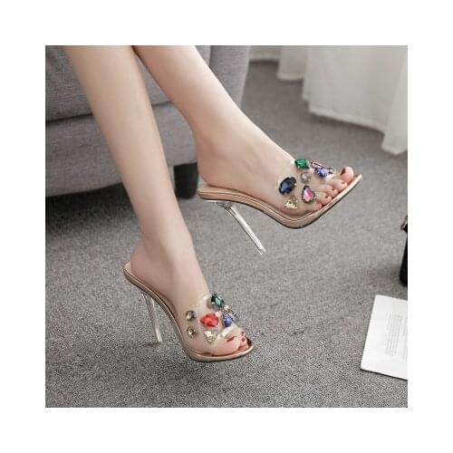 Women Slipper Fashion High Heeled 11.5CM Women Mules PVC Transparent Multicolour Crystal Shoe Clear Open Toe Ladies Party Shoes