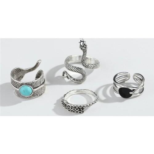 4PCS New Vintage Feather Snake Ring Set For Men Women Punk Personality Green Stone Leaf Octopus Squid Open Finger Ring Jewelry