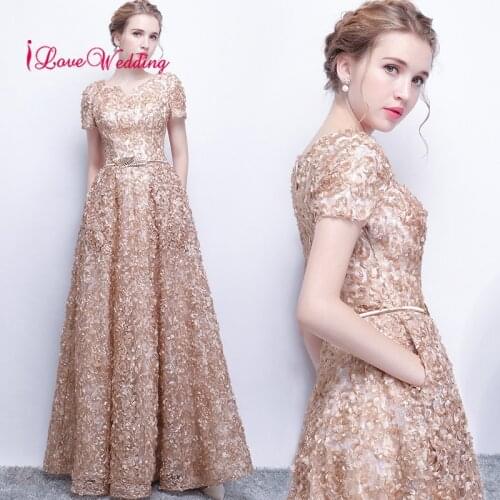 New Arrival Short Gold Lace A Line Evening Dresses Natural Waist Belt Sexy Long Evening Gown for Party Dresses