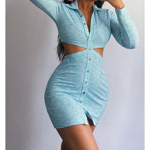 Hollow Out Long Sleeve Summer Autumn Dresses Women Turn-Down Collar Button Tie Dye Mini Sexy Party Mini Dress For Girl Casual