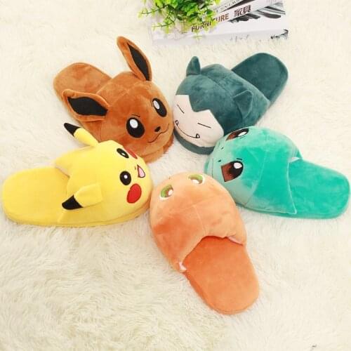 Pokemon Pikachu Snorlax Charmander Squirtle Bulbasaur Plush Slippers Anime Cartoon Pikachu Stuffed Doll Winter Warm Adults Shoes