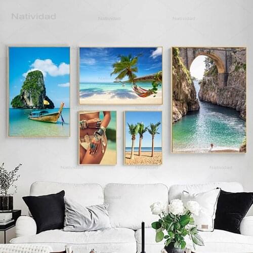 Tropical Sea Landscape Poster Sandy Beach Wall Art Canvas Painting Home Decoration Minimalist Nordic Modular Picture Living Room