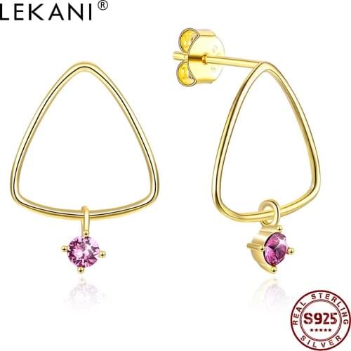 LEKANI Genuine Sterling Silver 925 Jewelry Geometric Triangle Earrings For Women Purple Austria Crystal Hanging Stud Earring