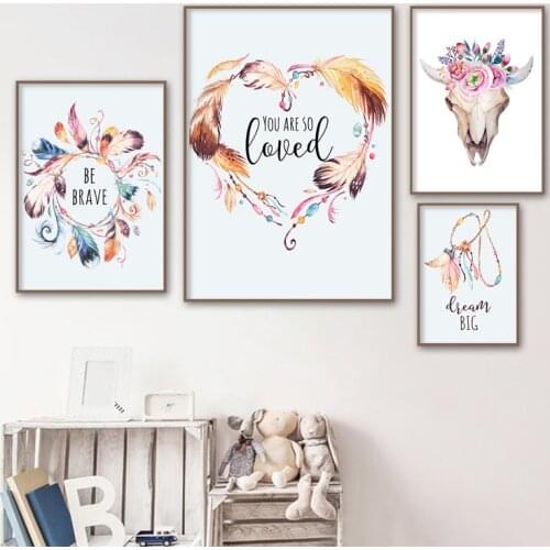 Scandinavian Watercolor Feather Necklace Canvas Poster Love Quote Art Painting Wall Picture Living Room Bedroom Decoration