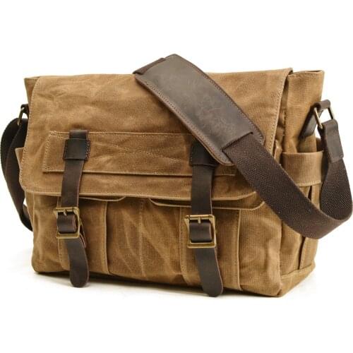 Retro Single Shoulder Messenger Bag Oil Wax Canvas Stitching Leather Mens Fashion Laptop Bag Waterproof