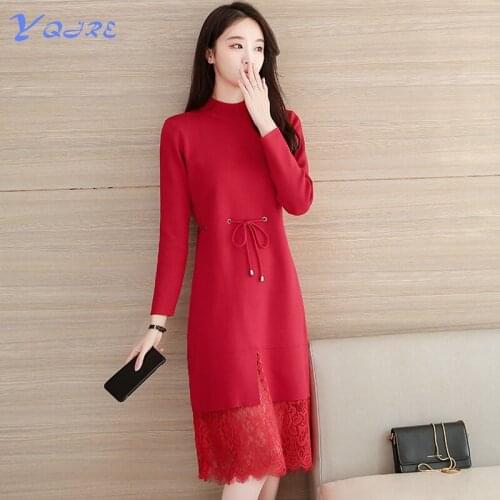 YQJRE Autumn New Products Womens Office OL Base Sweater Dress Long Sleeve Half High Neck Knit Mid-length Dress