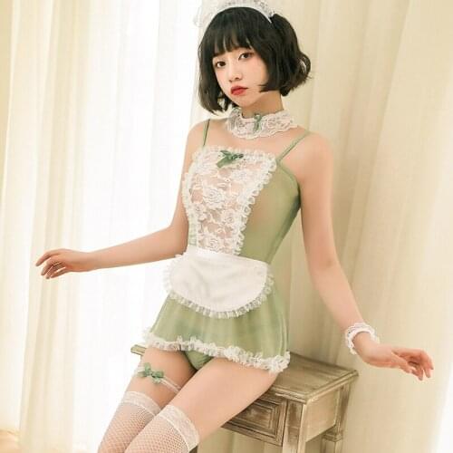 Womens Erotic Lingerie Fashion Green Sexy See-through Lace Suspender Skirt Gentle Maid Cosplay Costume Uniform Set Temptation