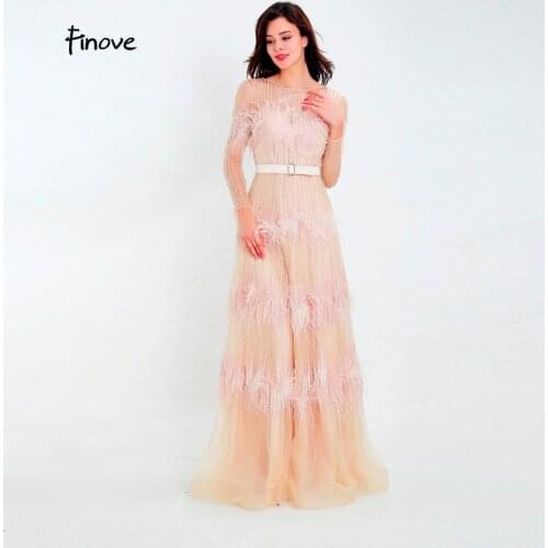 Finove Luxury Illusion Prom Dress New Design 2020 Tulle with beaded Feathers Sashes A-Line Evening Dress Woman Party Dress Gowns