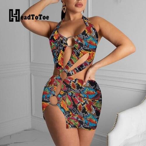 Serpentine Print Sexy Slit Cut Out Backless Halter Summer Dress Women Mini Bodycon Beach Dress