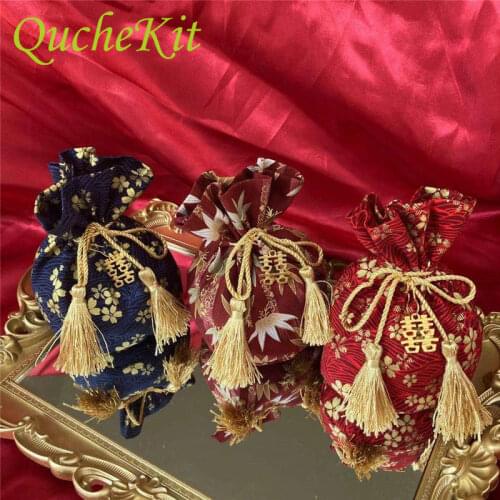 10pc Chinese Style Red Jewelry Sugar Gift Bag with Drawstring Christmas Birthday Party Cooike Candy Favors Bags Wedding Supplies