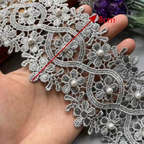 2 yard 8cm Gray Vintage Pearl Beaded Lace Trim Ribbon Fabric Embroidered Applique Patchwork Handmade DIY Wedding Sewing Craft