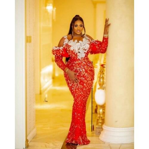 2021 Glitter Aso Ebi Evening Gowns With Crystals Beaded Straps Long Sleeves Mermaid Plus Size Sequins Sexy Prom Dresses