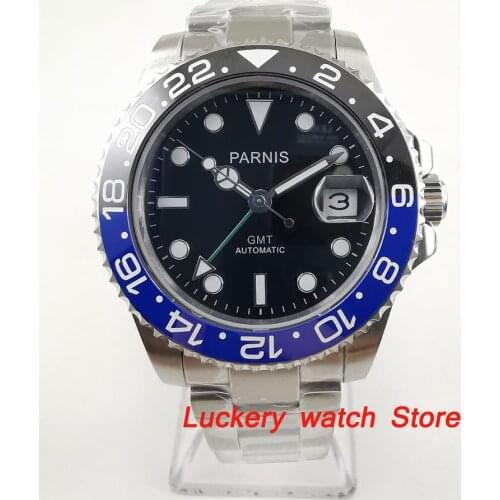 40mm Parnis Black and blue Ceramic Bezel black dial green GMT hands luminous marks sapphire glass automatic Mens Watch-PA62