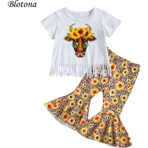 Blotona Little Girls Clothing Set Short Sleeve Fringed Tops+Flower Print Flared Pants 2Pcs Suit for Vacation Birthday Party 1-6Y