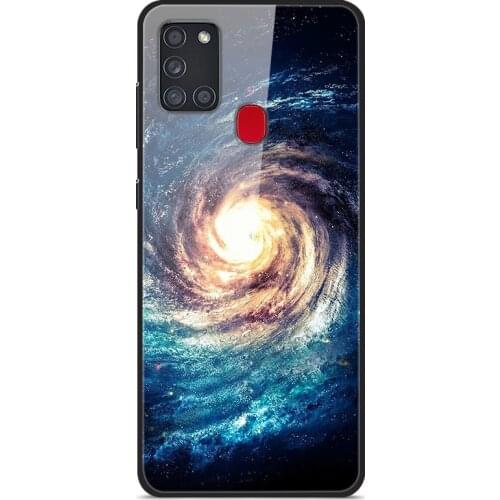 For Samsung Galaxy A21s Phone Case Tempered Glass Case Back Cover With Black Silicone Bumper Series 2