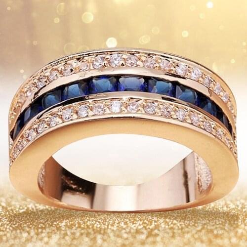 European and American be in Great Demand 18k Yellow Gold Plated Full Diamond Sapphire Square Diamond Ring
