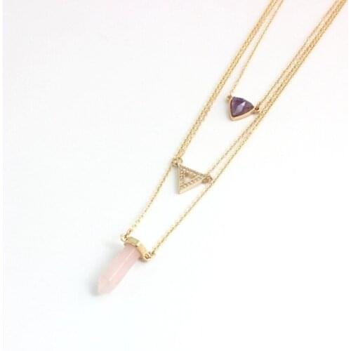 FYJS Unique Light Yellow Gold Color Alloy Multi Layer Rose Pink Quartz Pendant Link Chain Necklace Amethysts Crystal Jewelry