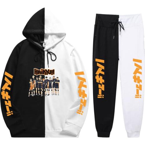 2021 New Summer 2 Pieces Sets Anime Haikyuu Print Patchwork Thin Hoodie+Patchwork Pants Hot Blooded Youth Sweatshirt