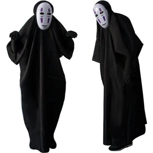Three Pieces Set No Face Man Spirited Away Costume with Mask Gloves for Halloween Costume Anime Miyazaki Hayao Faceless Cloak