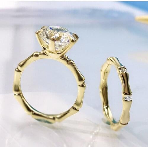 925 Sterling Silver 10*10mm High Carbon Diamond Gold Color Bamboo Set Of Ring For Women Wedding Engagement Fine Jewelry Sets