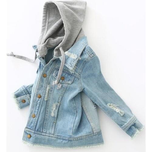 Boy Jacket girl coats Kids Jeans Outerwear children Denim clothing boy hooded spring autumn Clothes broken hole for 2-7 Years