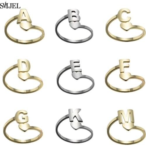 Personality Stainless Steel Initial Rings for Women 26 A-Z Alphabet Ring Name Jewelrys Tiny Heart Cuff Ring Adjustable Size