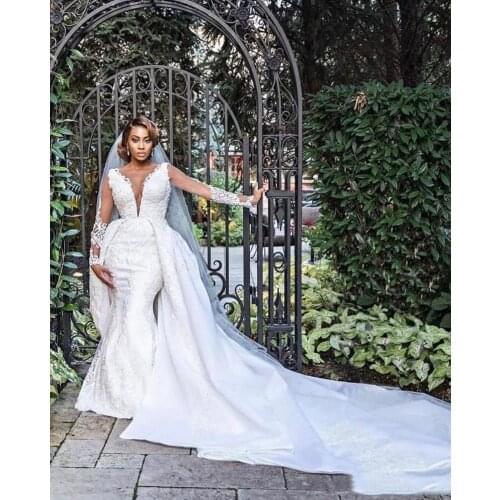 Hot Long Mermaid Wedding Dresses Detachable Train Luxury Lace Applique Beaded Long Sleeve Plus Size Wedding Gown Robe De Mariee