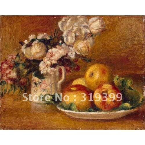 Linen Canvas Oil Painting,apples and flowers by pierre auguste renoir,Free DHL Shipping,100% handmade,museum quality