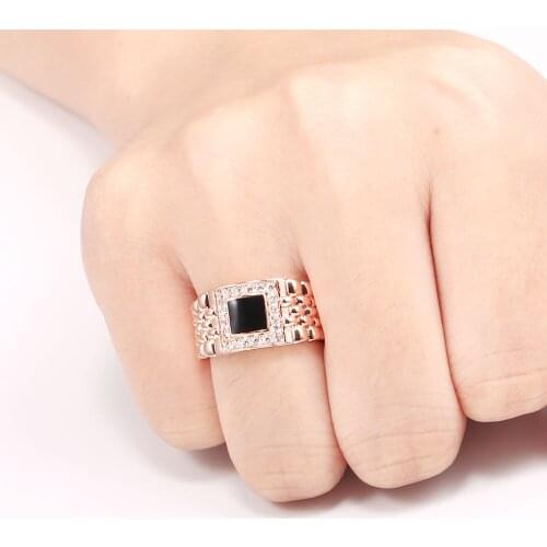 Fashion Exquisite Rose Gold Black Square Zircon Ring Jewelry for Women Charm Ladies Cocktail Party Finger Ring Best Gift