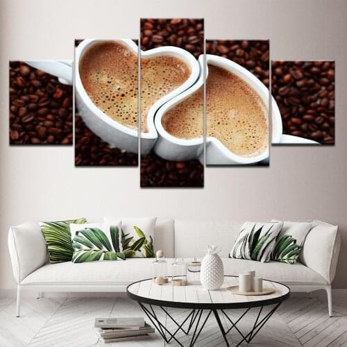 Modular Canvas Wall Art Prints 5 Panel Painting Coffee Bean Pictures Heart Shaped Cup Poster Kitchen Restaurant Home Decor Frame