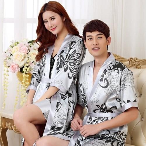 Gray Print Women Robe Set Faux Silk Men Nightgown Summer New Sleep Set Male Kimono Gown Casual Bathrobe Gown Home Clothing