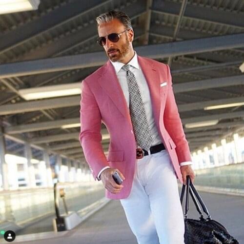 ANNIEBRITNEY Hot Pink Smart Casual Slim Fit Men Suit With Pants Summer Linen Skinny 2 Piece Cutsom Suit Groom Wedding Tuxedo